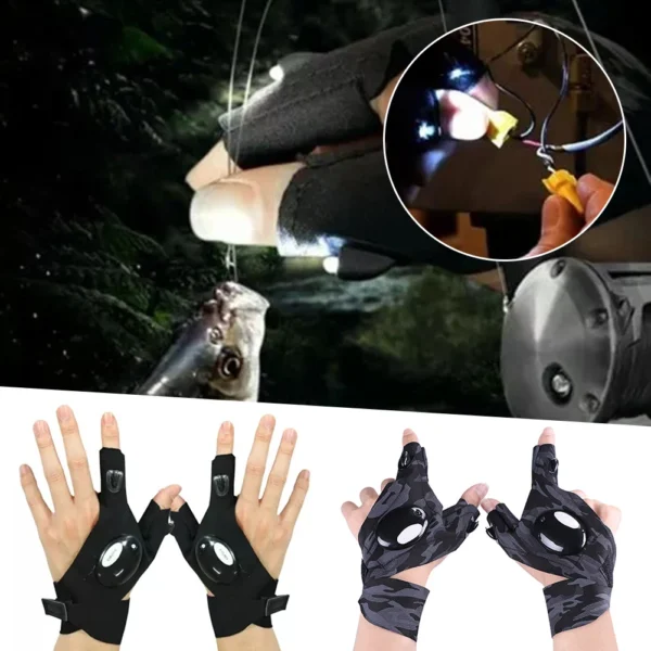 Gants de pêche à veilleuse, gants de travail à LED, Double lampe LED, imperméables, extensibles, sans doigts, légers, cadeau